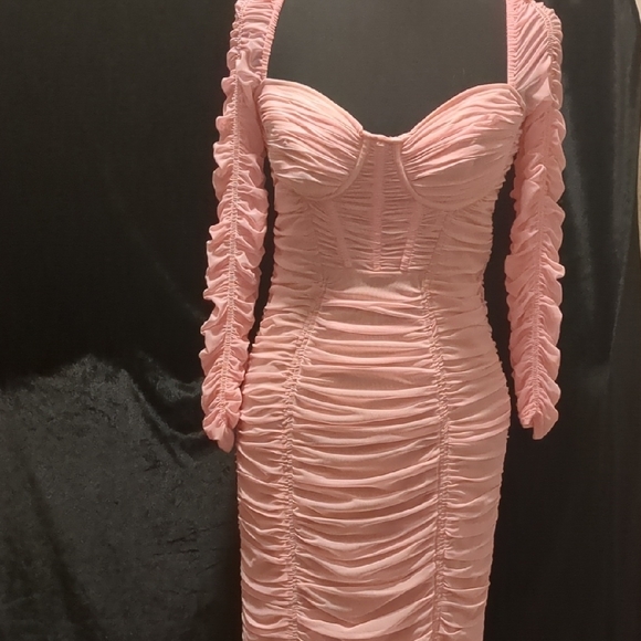 Self-Portrait Pink Ruched Long Sleeve Dress - Picture 2 of 11